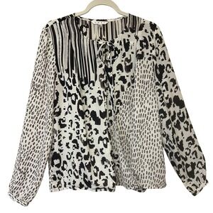 Cabi Womens Size Large Leopard Print Mixed Media Tie Neck Long Sleeve Blouse Top